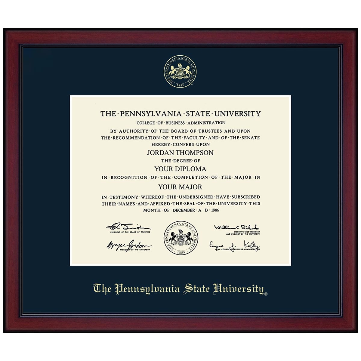 Diploma Frame, Gold Embossed Seal The Pennsylvania State University, Navy Mat, Academy Molding Mahogany Finish